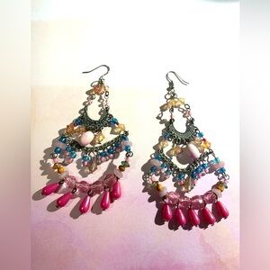 Boho Pink Beaded Chandelier Earrings